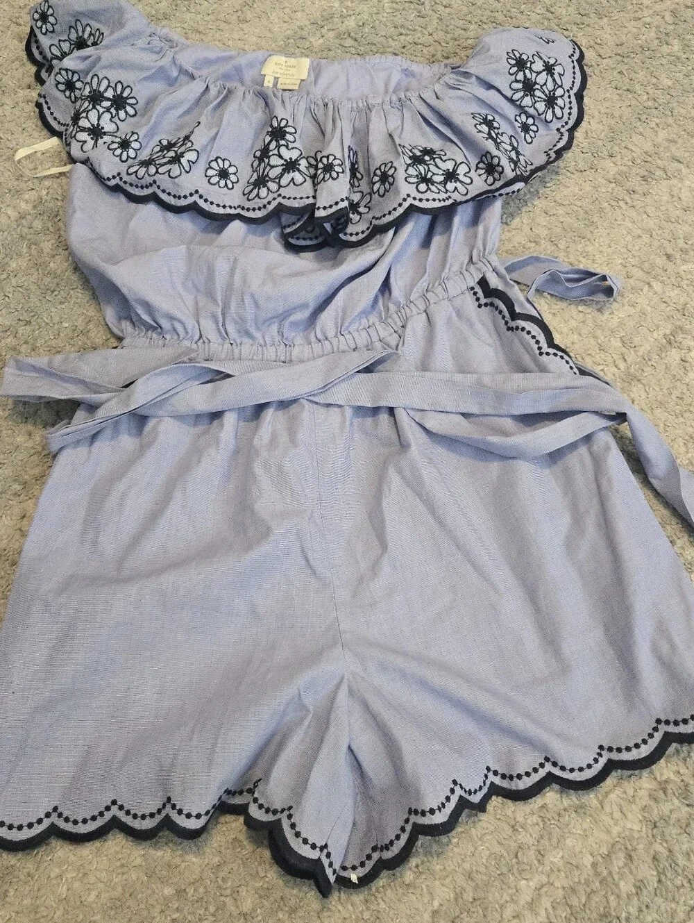 Kate Spade New York Blue Off Shoulder Floral Embroidered Romper Scallop Size 8